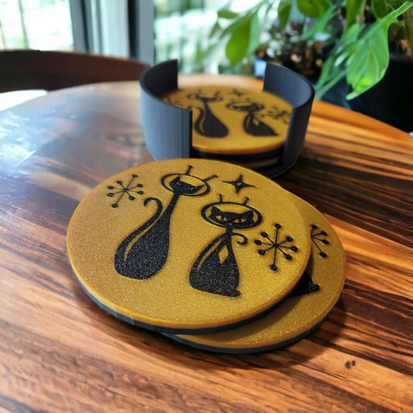 Mid Century Modern Space Age Cats Coasters For Bar Kitchen Room Retro Decor Gold - Picture 4 of 10